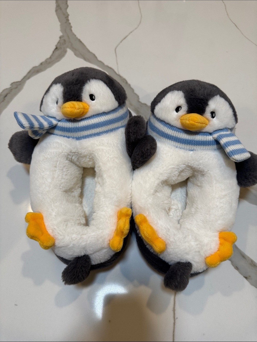 Plush Penguin Slippers with Blue Striped Scarf size Large  4/5